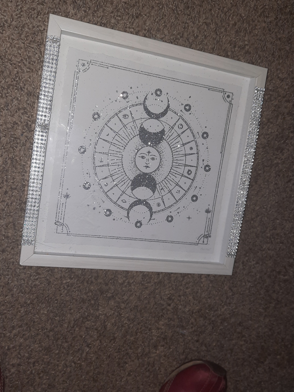Celestial Moon Phase Wall Art - White Frame with Silver Glitter